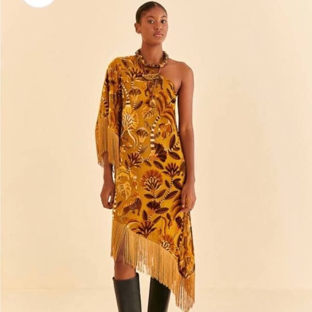 Farm Rio One Shoulder Fringe Velvet Dress